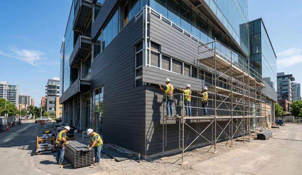 Professional installation of charcoal grey WPC wall cladding on a modern commercial office building facade using an interlocking system.