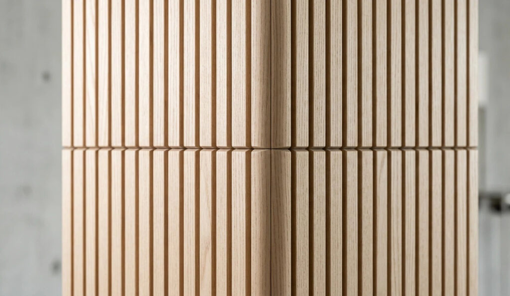 Macro photography of a perfectly executed seamless corner joint on light ash wood Fluted Wall Panels, showcasing the millimetric precision of large panel cutting for high-end residential interiors.