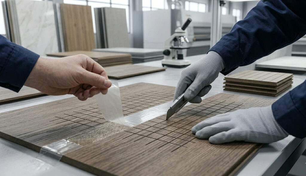 Technician performing a cross-cut adhesion test on a high quality wall panel to verify surface coating stability and lamination bond.