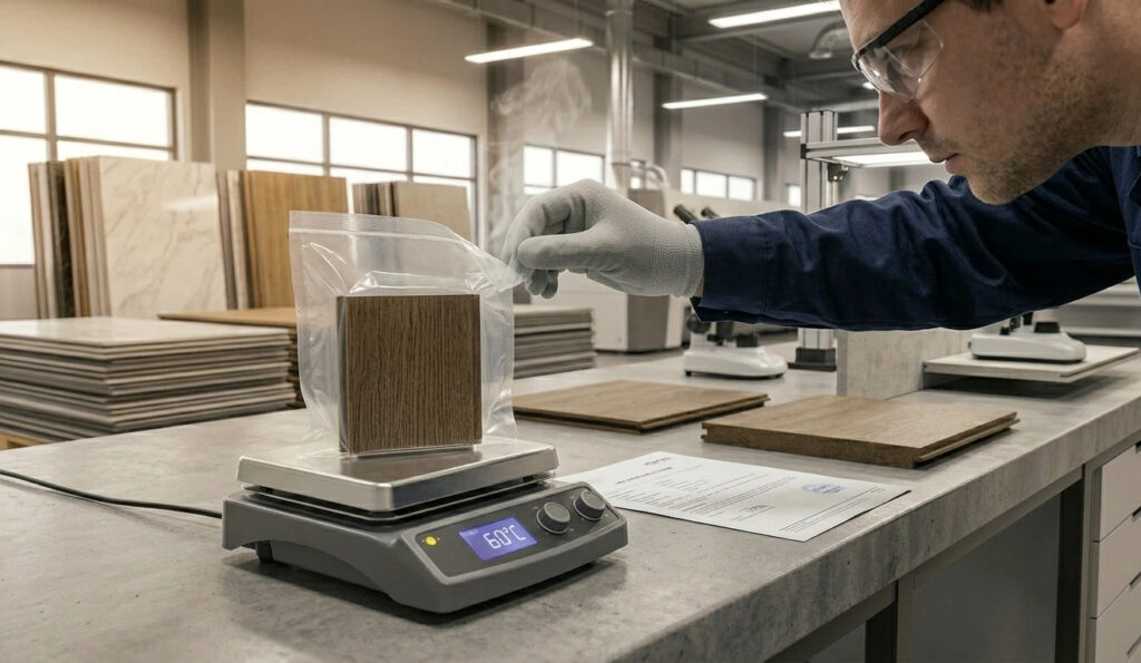 Professional VOC sniff test for high quality wall panels: sealing a sample for 1 hour at 60°C to verify E0 formaldehyde compliance.