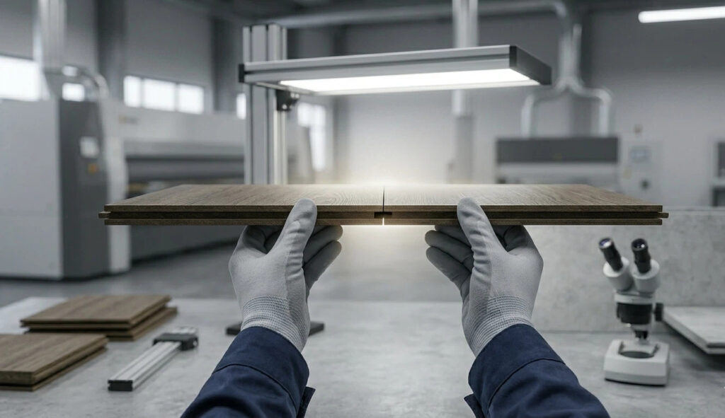 Technician performing a light-gap test on high quality wall panels to verify CNC milling precision and seamless tongue-and-groove alignment.