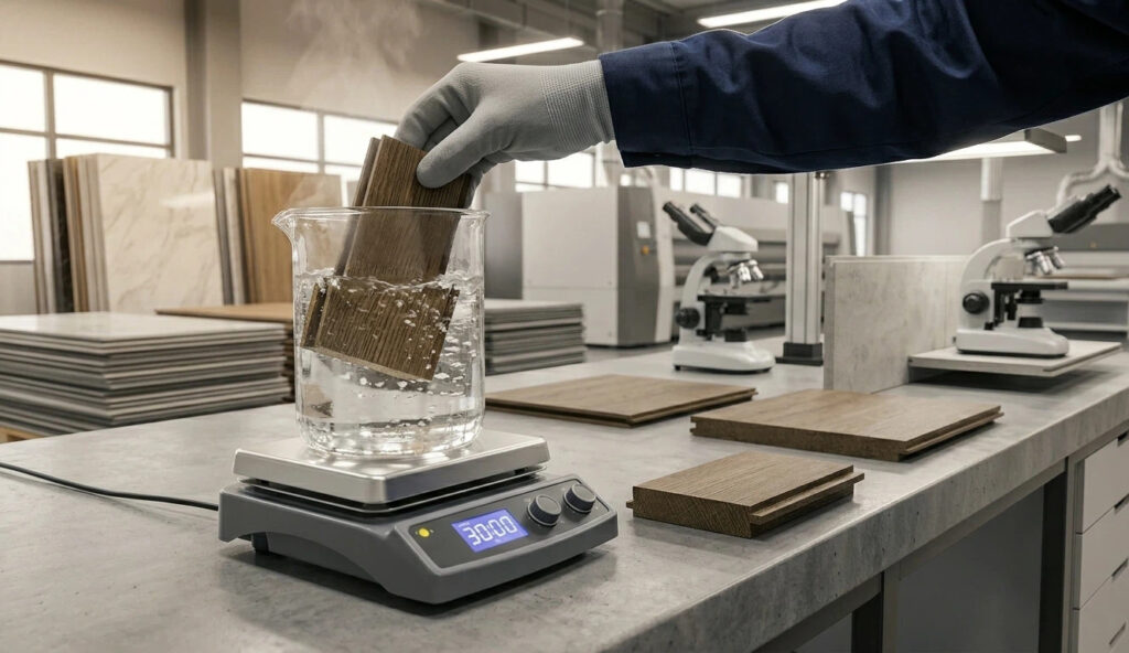 Technician performing a 30-minute boiling water test on a high quality wall panel to verify substrate density and water absorption rate.