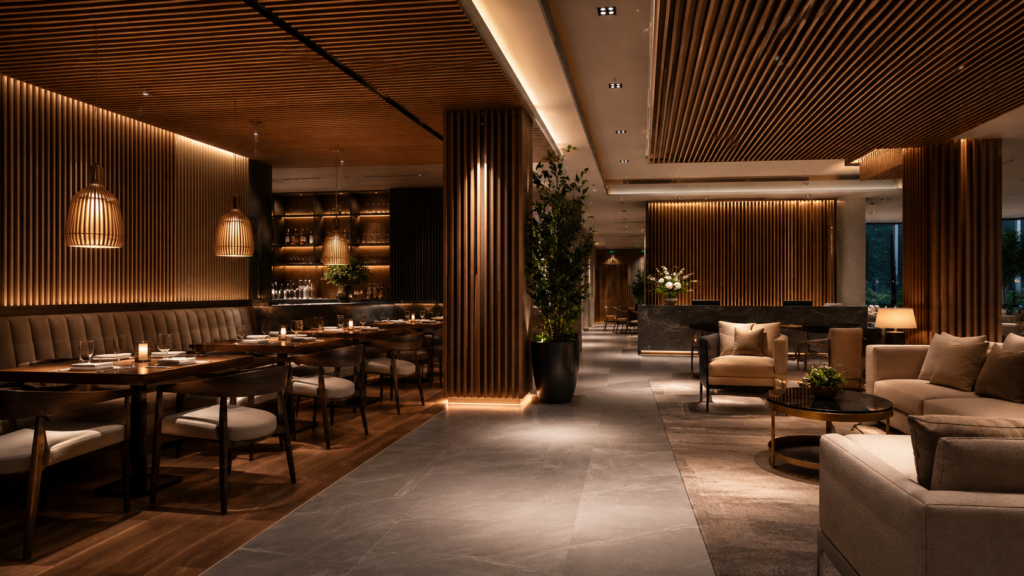 Decorative acoustic panels in hotel lobby and restaurant interior design