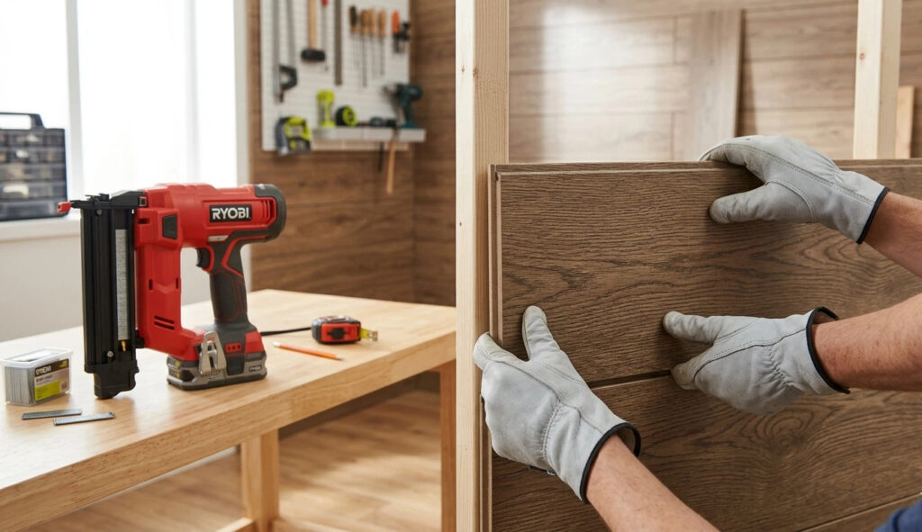 DIY step-by-step installation of decorative composite siding: worker using a brad nailer to secure the interlocking tongue-and-groove wall panel to the timber frame.
