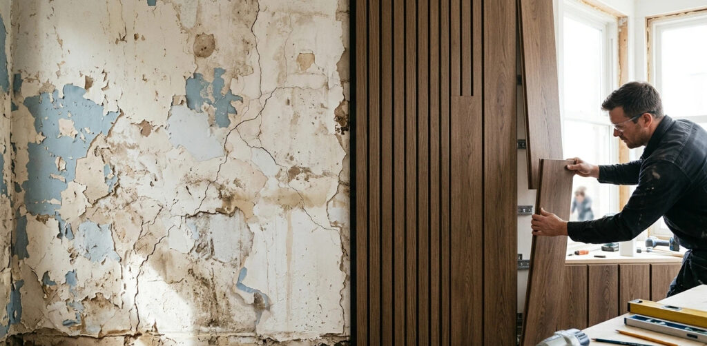 Professional interior wall renovation showing the installation of decorative composite siding over damaged old plaster walls to cover surface imperfections.