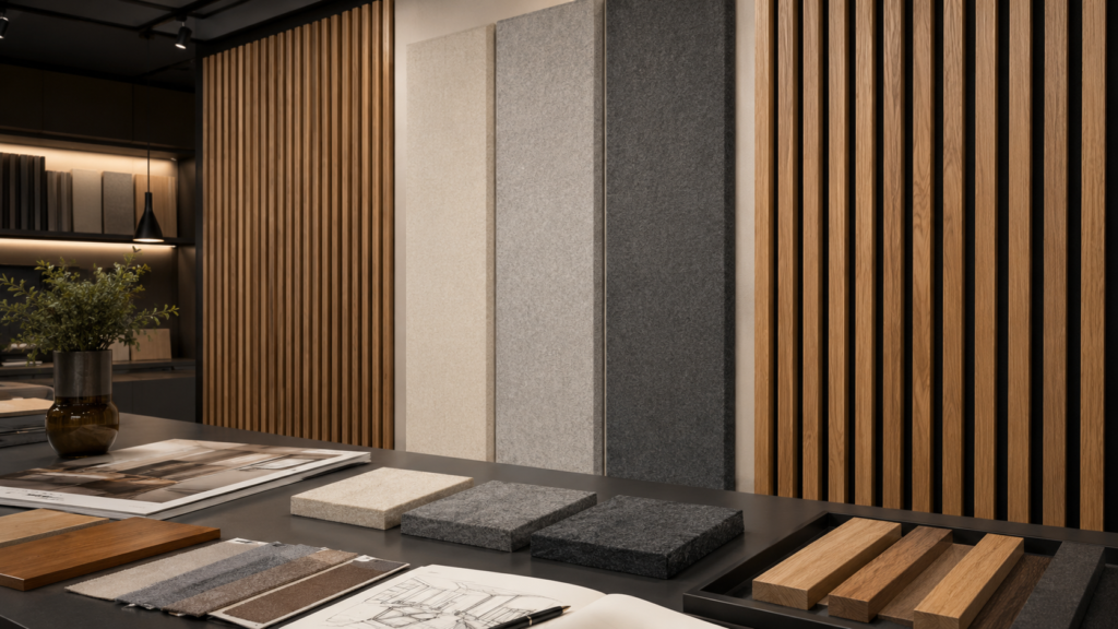 Wood slat and polyester fiber acoustic panels for modern interior design