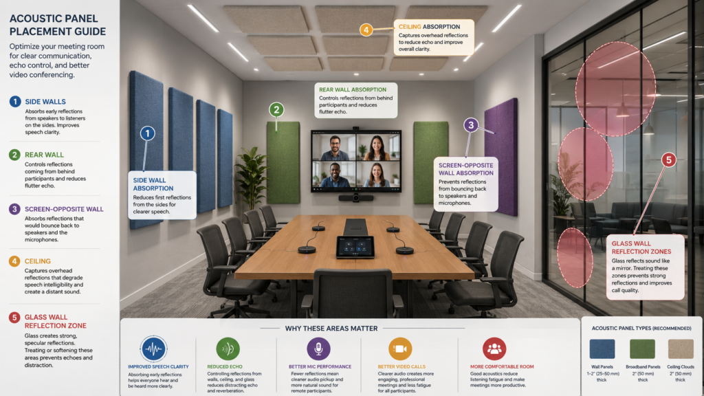 Acoustic panels for meeting rooms placement guide showing side walls, rear wall, screen opposite wall, ceiling absorption, glass wall reflection zones, conference table, microphone, and video call screen