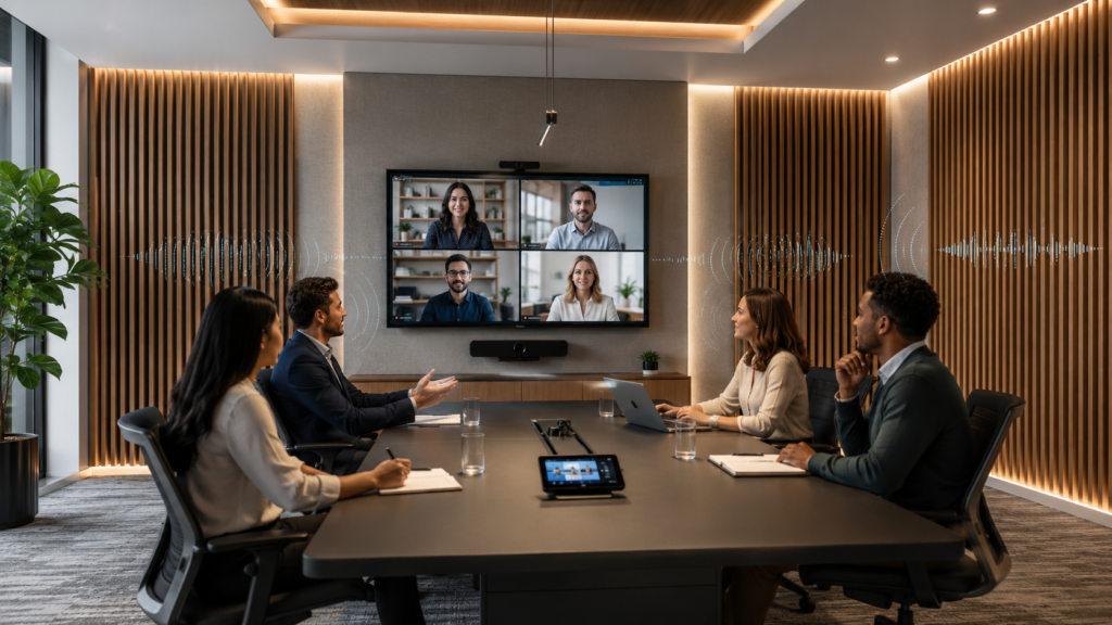 Acoustic panels for meeting rooms with wood strip wall panels, conference table, video call screen, and clearer speech in a modern office