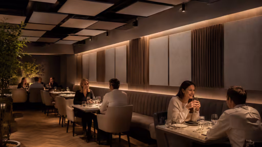Acoustic panels for restaurants improving conversation comfort in a modern dining space with wall and ceiling sound absorbing panels