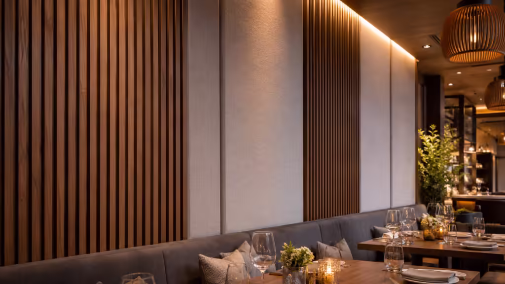 Decorative acoustic panels for restaurants with wood slat texture and fabric wall panels in a modern dining interior