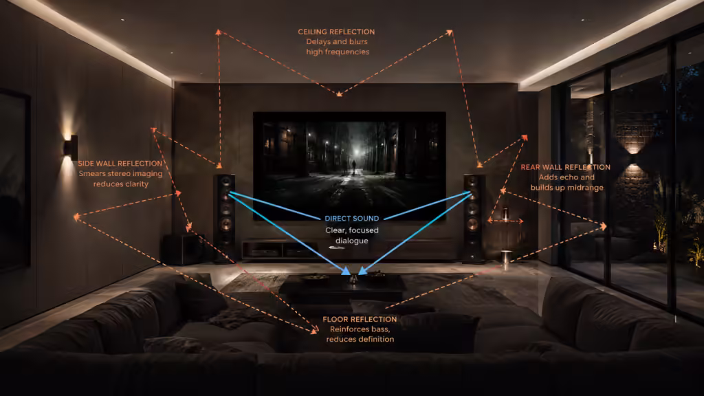 Home theater sound reflection diagram showing side wall ceiling rear wall and floor reflections