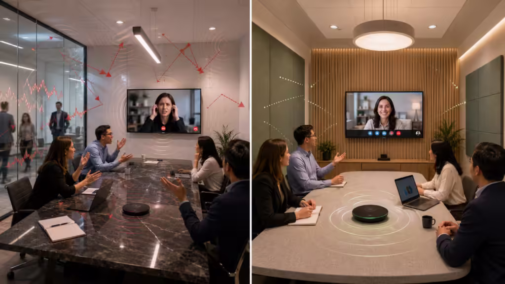 Meeting room office acoustic design comparison showing poor echo and sound reflection versus acoustic panels improving speech clarity and hybrid meeting quality