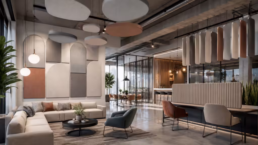 Polyester acoustic panels used in a modern office lounge with ceiling clouds, hanging baffles, wall panels, and decorative acoustic design