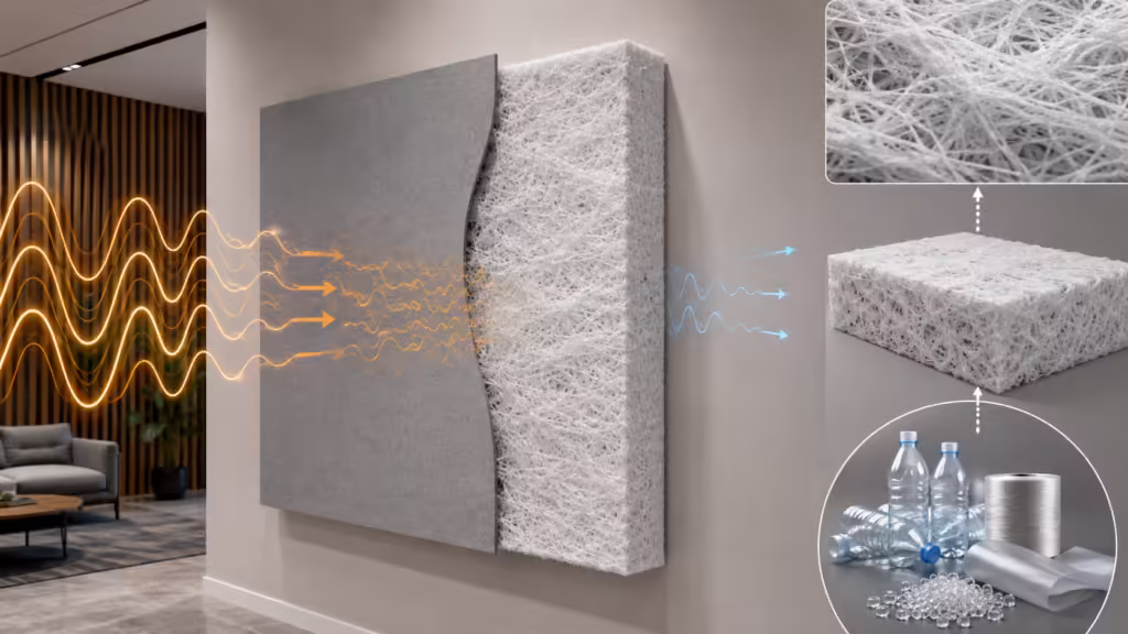 Polyester acoustic panels made from compressed PET fiber showing porous fiber structure and sound absorption on an interior wall