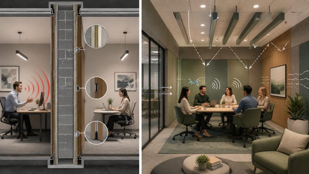 Soundproofing vs office acoustic design comparison showing wall sound isolation and acoustic panels improving echo control, speech clarity, and workplace noise control