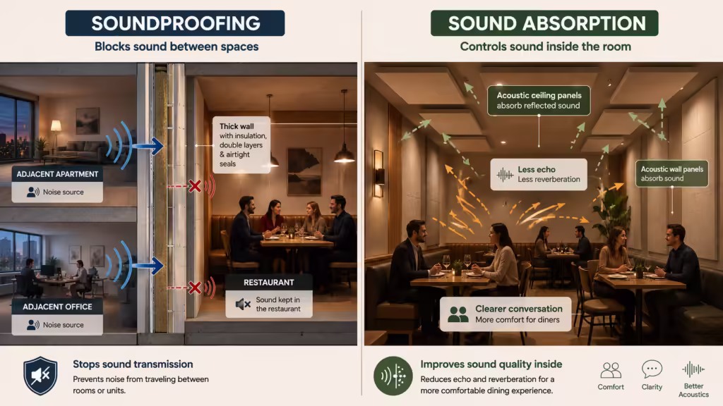 Soundproofing vs sound absorption in restaurants infographic showing blocked sound between spaces and acoustic panels reducing echo inside the dining room