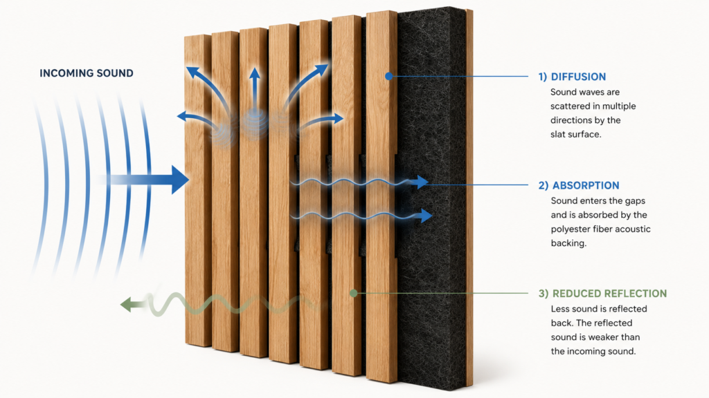 Wood strip acoustic panel sound absorption diagram showing incoming sound, diffusion, absorption, and reduced reflection through polyester fiber backing