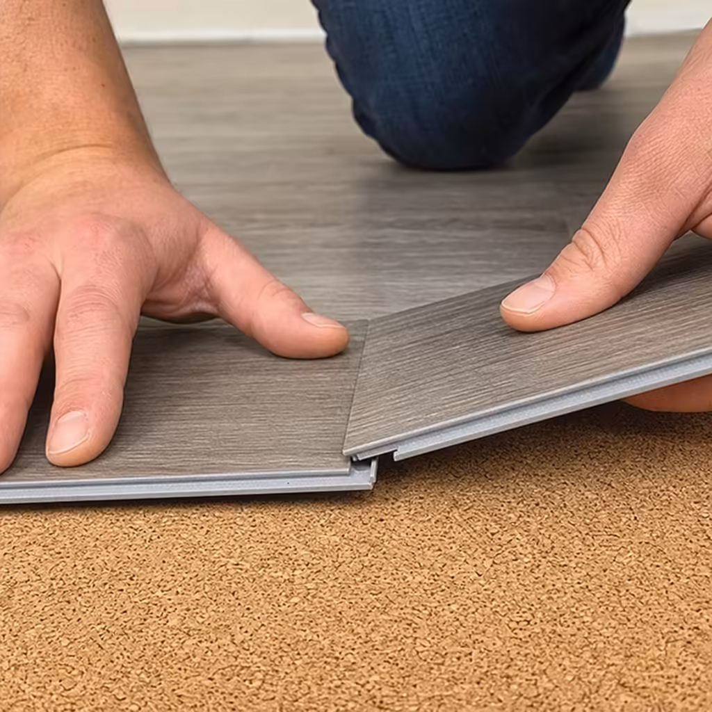 Close-up of hands installing interlocking click-lock luxury vinyl plank flooring over a natural cork underlayment pad, demonstrating the tongue-and-groove floating floor locking system.