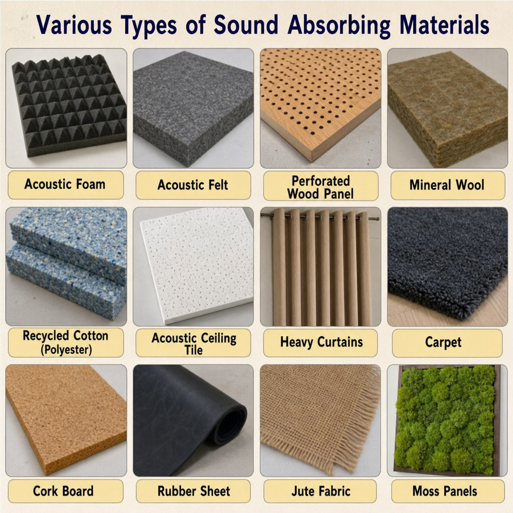 Matrix of various sound absorbing materials used in acoustic design, including acoustic foam, felt, mineral wool, perforated wood panels, and natural moss panels for noise reduction.