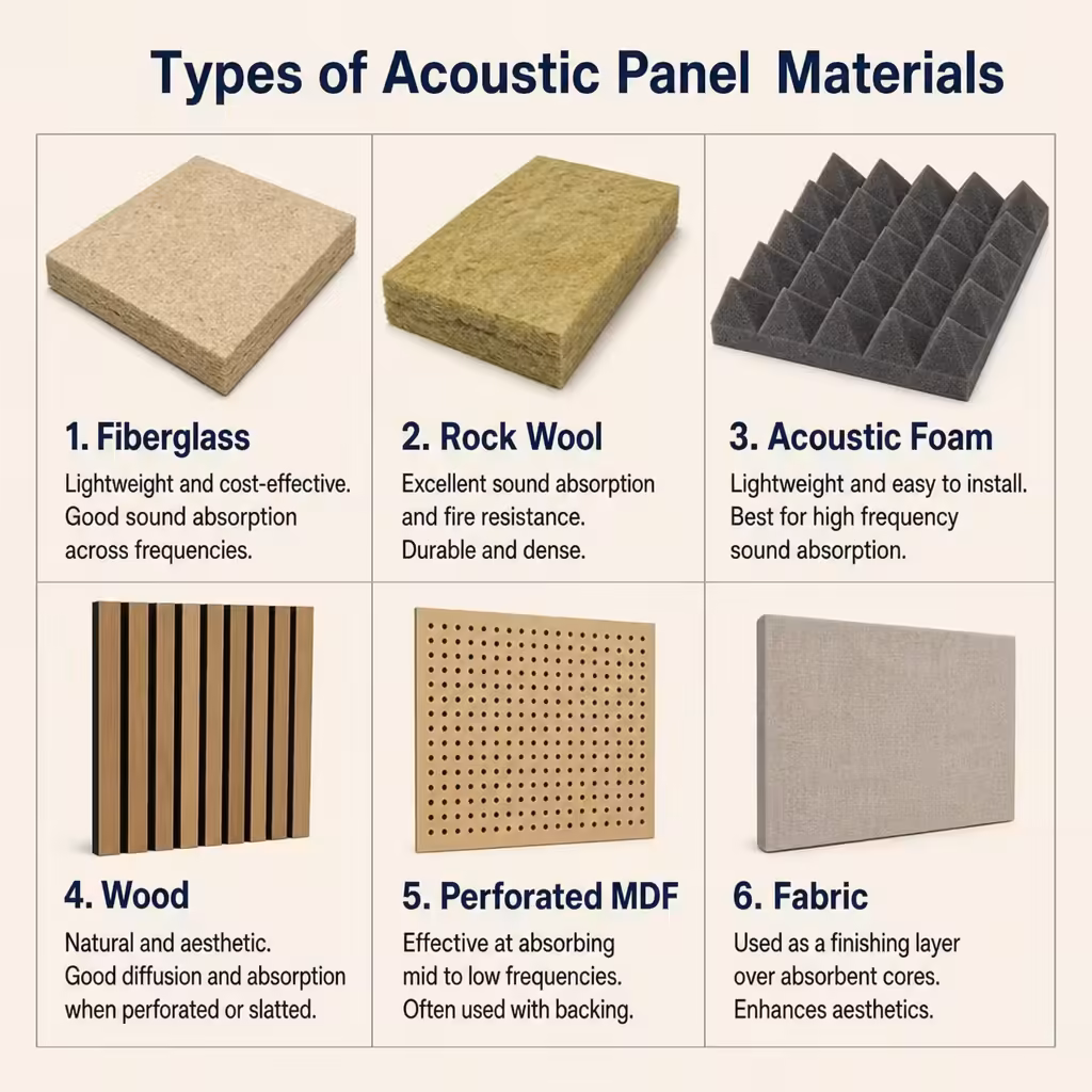 An infographic comparison chart titled 'Types of Acoustic Panel Materials' detailing 6 materials: 1. Fiberglass (cost-effective, broad frequency absorption), 2. Rock Wool (sound absorption, fire resistance), 3. Acoustic Foam (lightweight, high frequency), 4. Wood (aesthetic, diffusion), 5. Perforated MDF (mid to low frequency), 6. Fabric (finishing layer).