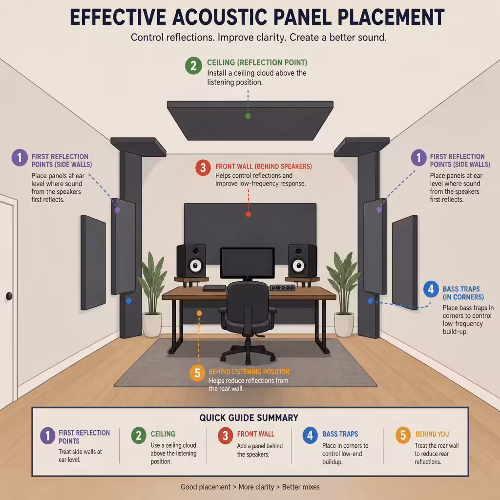 Infographic detailing effective acoustic panel placement in a studio room: 1. First reflection points on side walls, 2. Ceiling cloud above listening position, 3. Front wall behind speakers, 4. Bass traps in corners, and 5. Behind listening position on the rear wall.