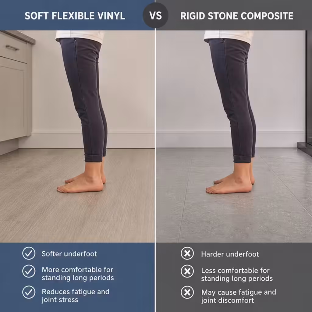 An ergonomic comparison infographic between Soft Flexible Vinyl and Rigid Stone Composite flooring. It shows a side-by-side view of a person standing, highlighting that flexible vinyl is softer underfoot and reduces joint stress, while rigid stone composite is harder and may cause standing fatigue.
