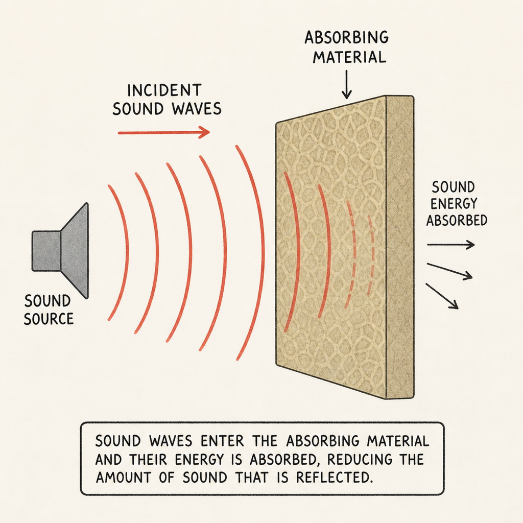 Diagram illustrating the principle of sound absorption: incident sound waves from a source entering an absorbing material and having their energy reduced, effectively minimizing sound reflection.