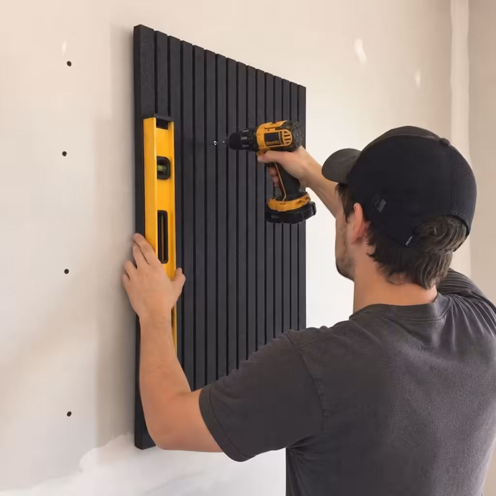 A man using a cordless drill and a spirit level to install a black acoustic slat wood panel on a drywall.