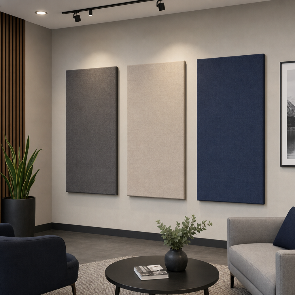 Modern wall decoration featuring multi-colored fabric-wrapped acoustic panels in grey, beige, and navy blue, used for interior sound absorption and home office wall styling.