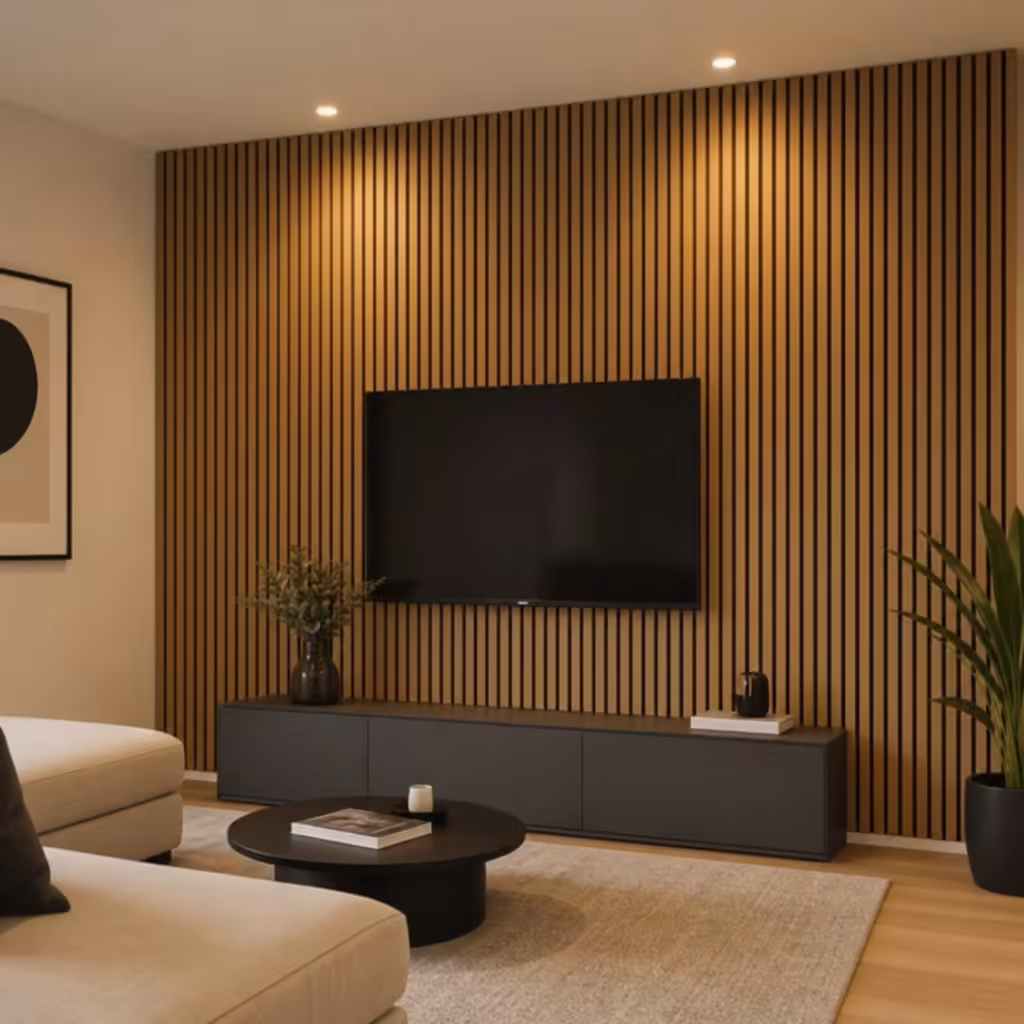 Modern minimalist living room featuring a vertical wood slat acoustic wall panel as a TV background, enhancing interior design and sound quality.