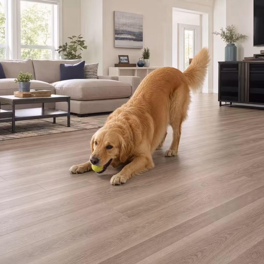 A Golden Retriever playing with a tennis ball on light oak wood-look scratch-resistant luxury vinyl plank (LVP) flooring in a bright, modern living room setup.