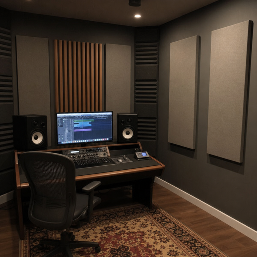 Professional recording studio control room featuring a combination of wood slat acoustic panels and fabric-wrapped sound absorption panels for optimized room acoustics.