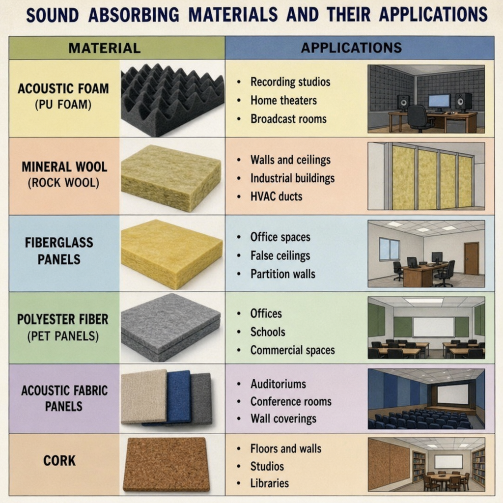 Comparative chart of sound absorbing materials and their applications: Acoustic foam for studios, mineral wool for industrial use, fiberglass, polyester fiber, acoustic fabric panels, and cork for various sound treatment projects.