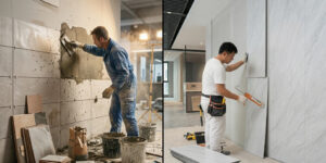 A high-fidelity photojournalistic split-screen comparison: A dusty, traditional ceramic tile installation in chaotic wet-trade progress on the left, and a clean, efficient modern SPC wall panel click-lock installation on the right, visualizing the fast Wall Panel ROI.