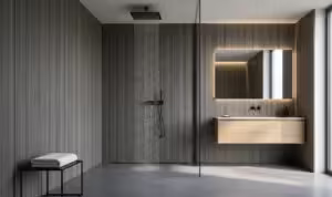 Modern luxury bathroom featuring charcoal wood-texture Waterproof Interior Cladding as a seamless, grout-free bathroom wall covering alternative to traditional tiles.