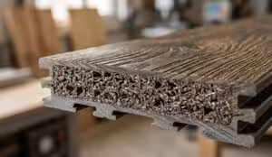 Macro cross-section of a high-performance WPC interior wall panel showing the dense composite core and textured 3D wood grain surface.