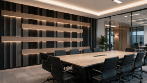 Architectural Wall Solutions in a modern office meeting room with textured wood-style wall panels