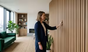 A modern luxury living room featuring sustainable wall decor made of eco-friendly composite paneling. An interior designer examines the natural texture of the non-toxic wood slats.