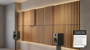 Acoustic panel installation guide showing vertical wood slat panels with black felt backing mounted on a wall with LED strip lighting for sound optimization.