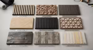 Variety of acoustic wood panel designs and finishes, including classic oak slat, walnut cube 3D, charred wood (Shou Sugi Ban), herringbone oak, and reclaimed barn wood, showcasing premium interior acoustic wall treatment options.