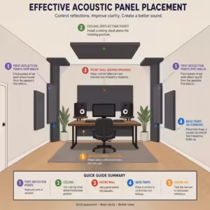 Infographic detailing effective acoustic panel placement in a studio room: 1. First reflection points on side walls, 2. Ceiling cloud above listening position, 3. Front wall behind speakers, 4. Bass traps in corners, and 5. Behind listening position on the rear wall.
