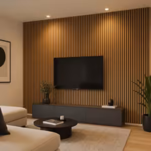 Modern minimalist living room featuring a vertical wood slat acoustic wall panel as a TV background, enhancing interior design and sound quality.
