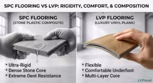 B2B technical comparison infographic titled 'SPC Flooring vs LVP: Rigidity, Comfort, & Composition' by LYPanel. Left panel features gloved hands holding a rigid stone-look SPC tile with highlights on its dense stone core and extreme dent resistance. Right panel shows a hand flexing a wood-look LVP plank highlighting its flexible multi-layer core and underfoot comfort.